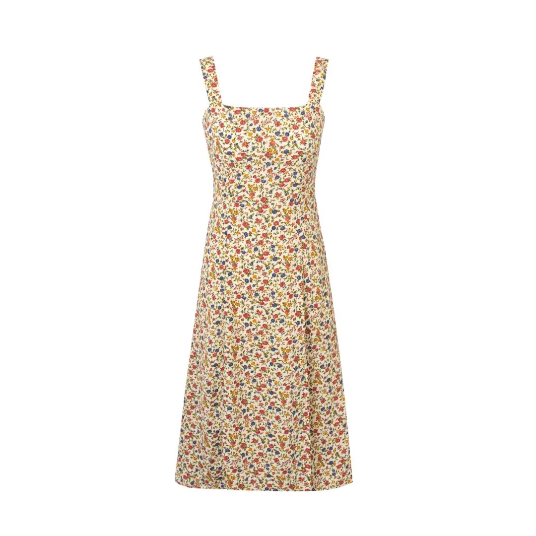 Spring Pastoral Floral Pattern Over Beige Background Square Collar Casual Camisole Dress