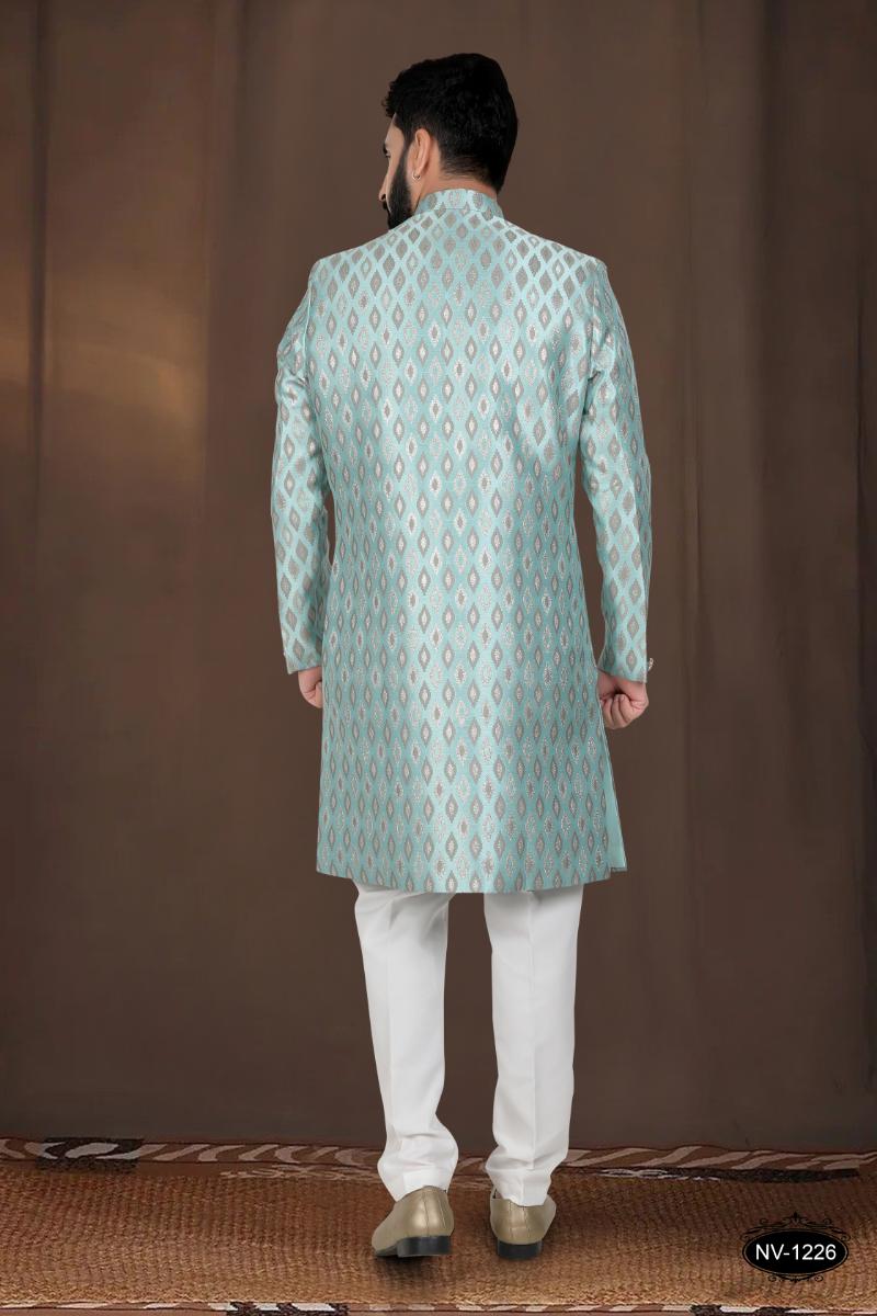 Boys Green Woven Jacquard Kurta and Pyjama Set for Special Occasions