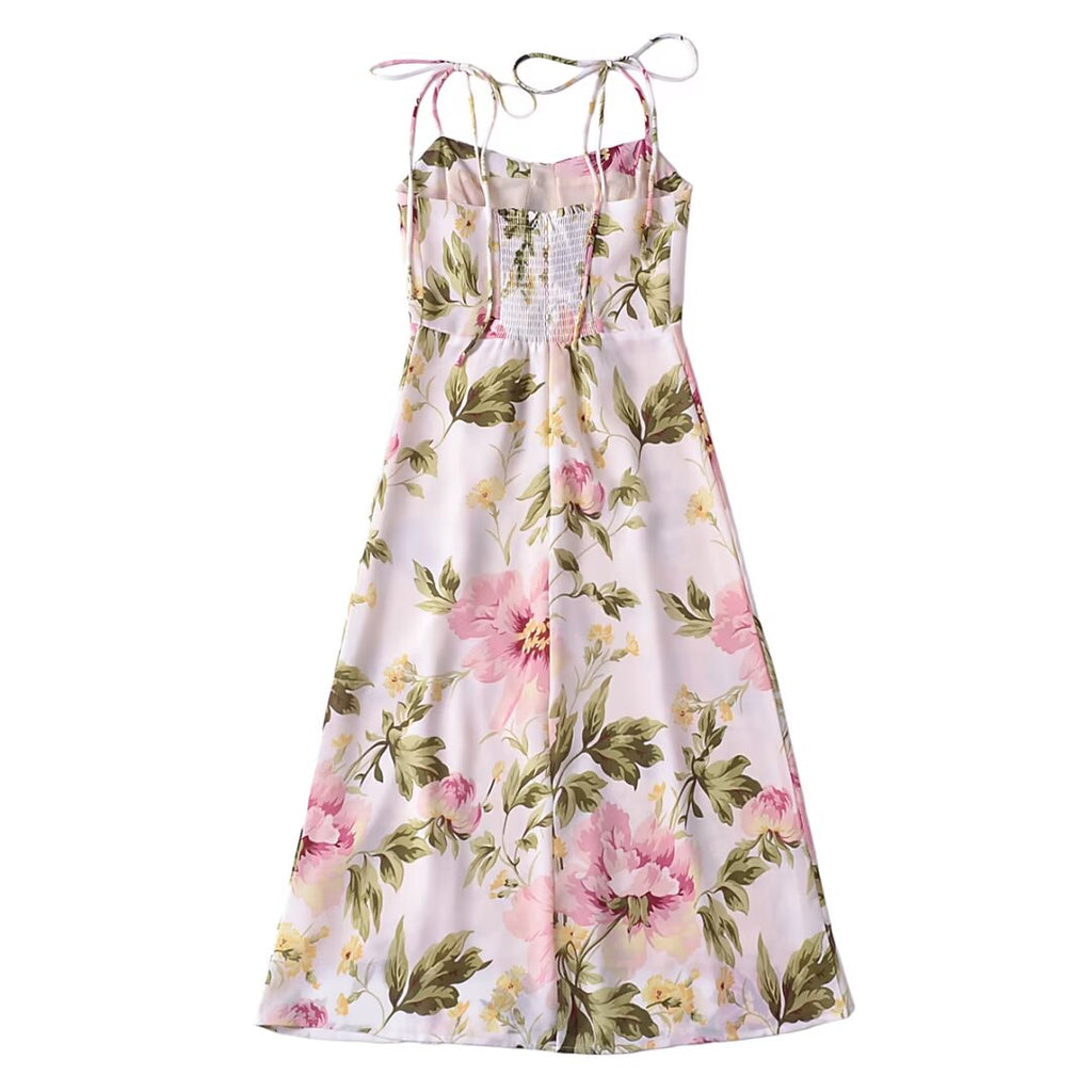 French Retro V Neck Double Shoulder Lace Up Dress Women Design Side Slit Slim Fit Printed Mid Length Vacation Dress