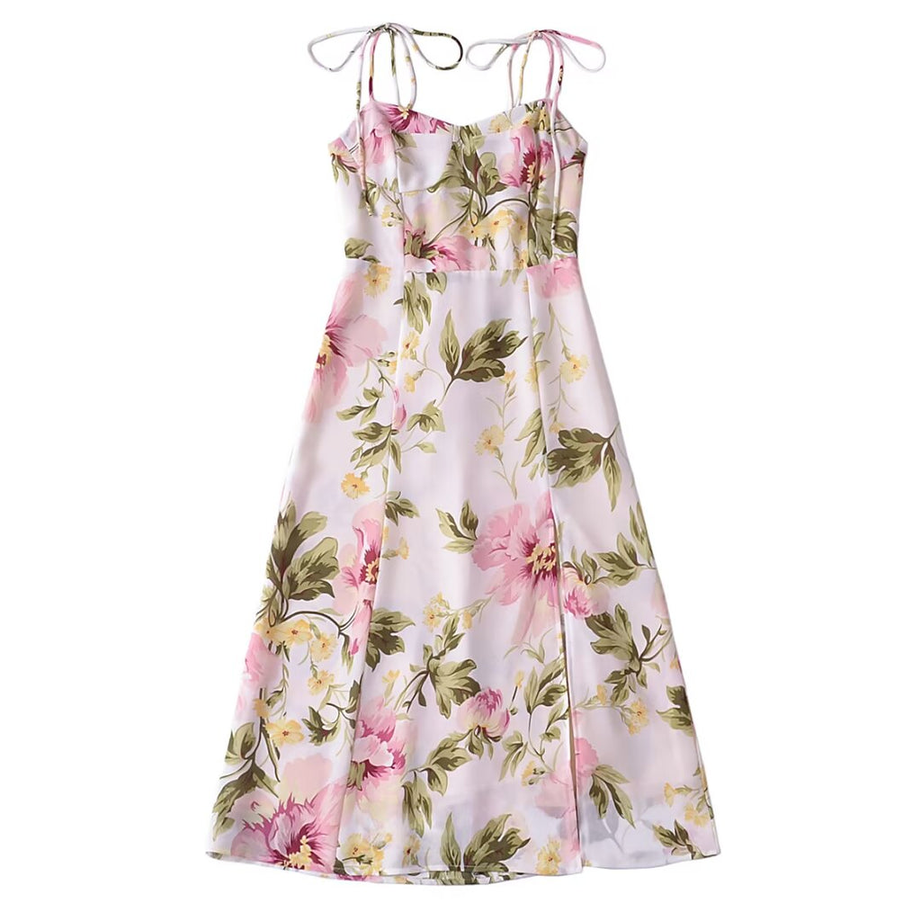 French Retro V Neck Double Shoulder Lace Up Dress Women Design Side Slit Slim Fit Printed Mid Length Vacation Dress
