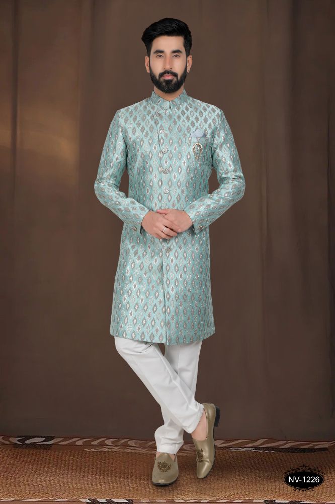 Boys green self-design woven jacquard kurta with polo style pyjama