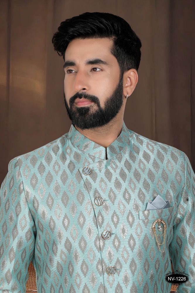 Boys Green Woven Jacquard Kurta and Pyjama Set for Special Occasions