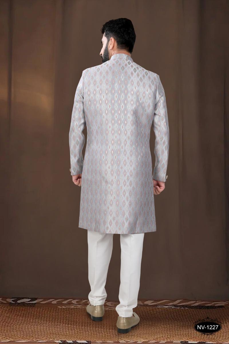 Boys Grey Woven Jacquard Kurta with White Pyjama Set