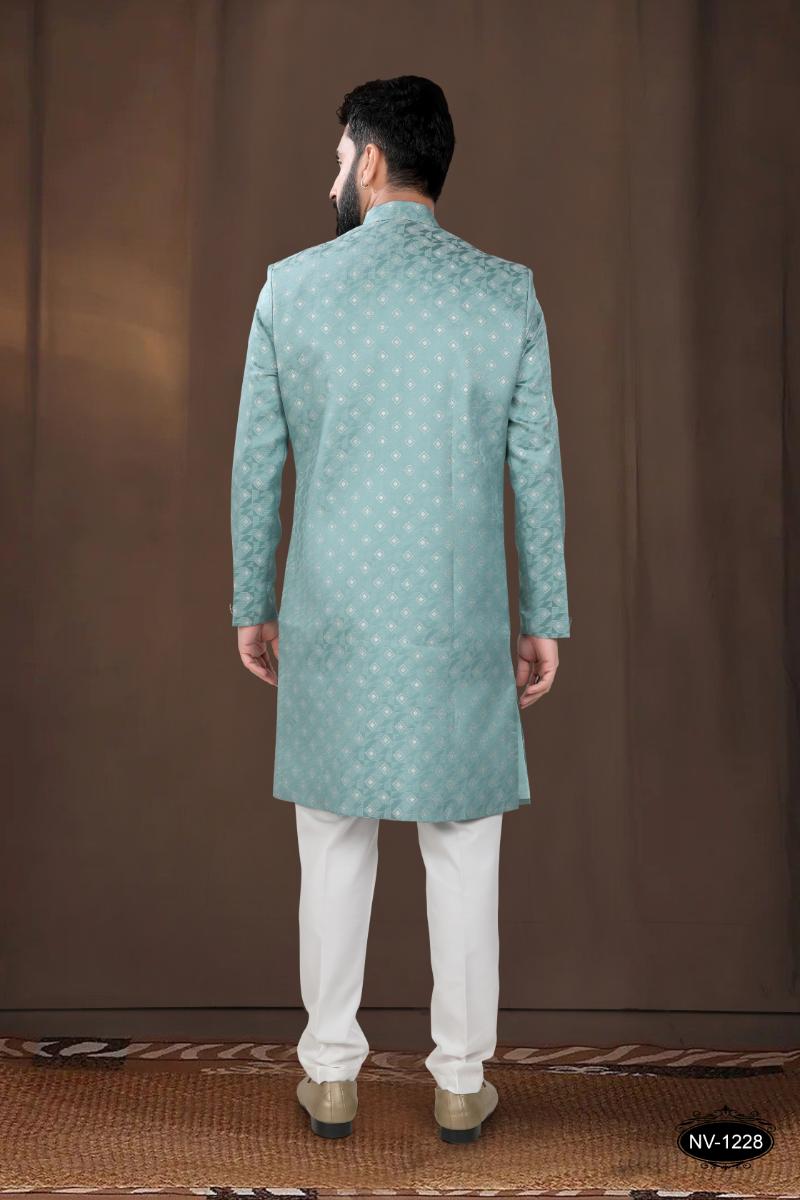 Boys Green Woven Jacquard Ethnic Kurta with Polo Pyjama Set