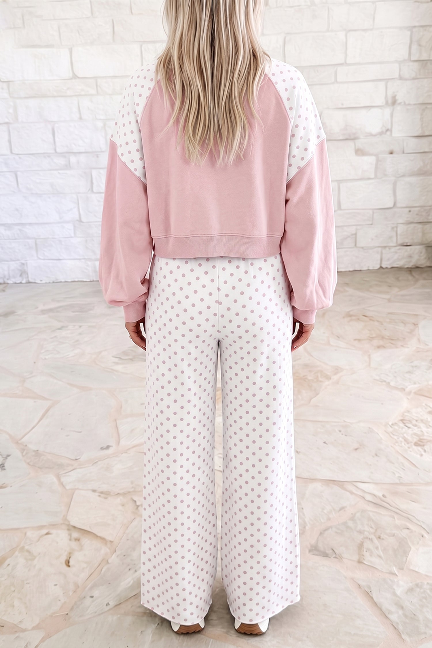 Green Polka Dot Patchwork Colorblock Long Sleeve Casual Two Piece Pants Set