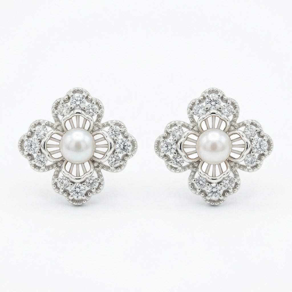 925 Sterling Silver Elegant Floral Pearl and Sparkling Accent Stud Earrings in White Metal