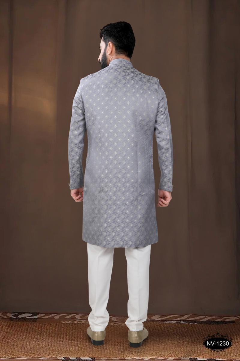 Boys Grey Woven Jacquard Kurta with White Pyjama Set