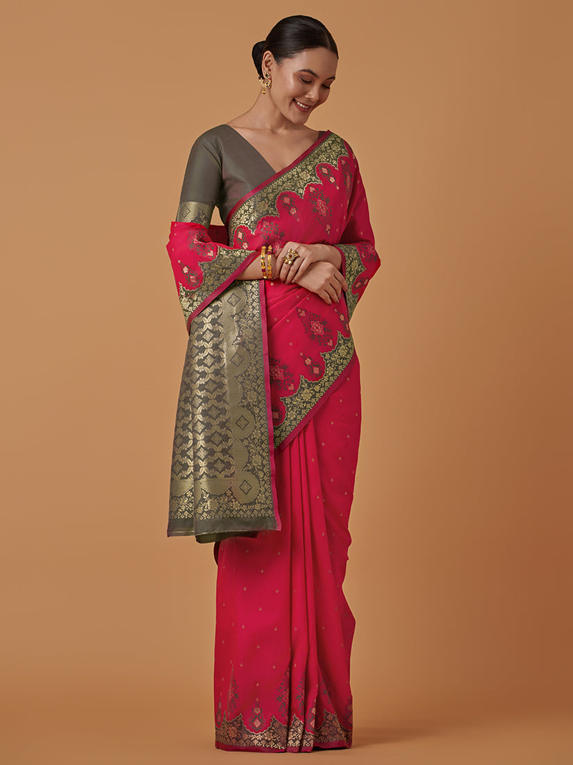 Pink Banarasi Silk Blend Saree with Zari Woven Brocade Design