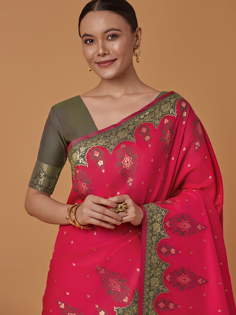 Pink Banarasi Silk Blend Saree with Zari Woven Brocade Design