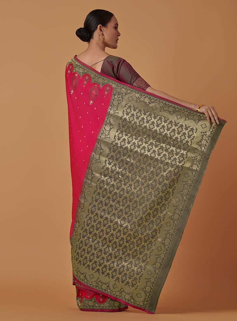 Pink Banarasi Silk Blend Saree with Zari Woven Brocade Design