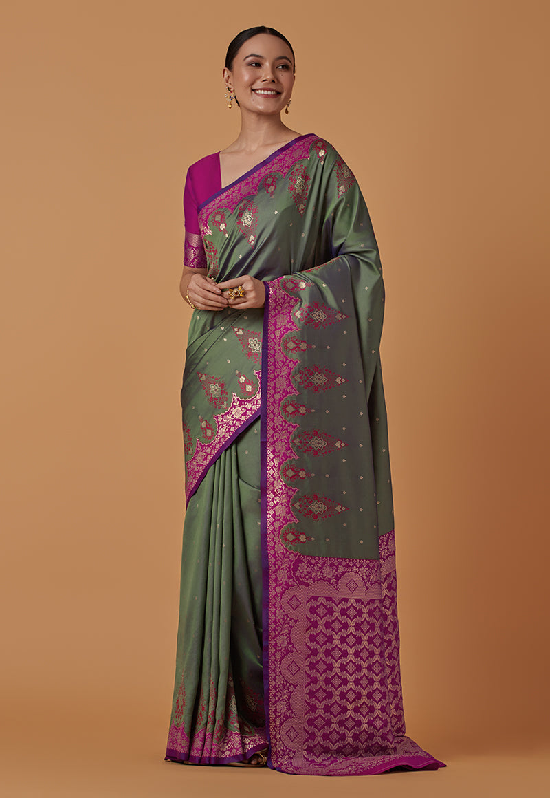 Dark Olive Banarasi Silk Blend Saree with Zari Brocade Design