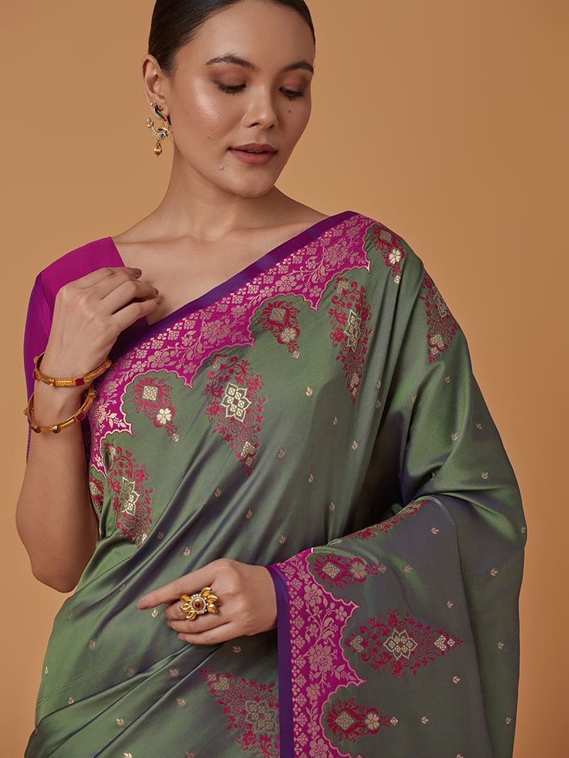 Dark Olive Banarasi Silk Blend Saree with Zari Brocade Design