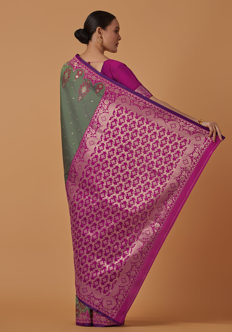 Dark Olive Banarasi Silk Blend Saree with Zari Brocade Design