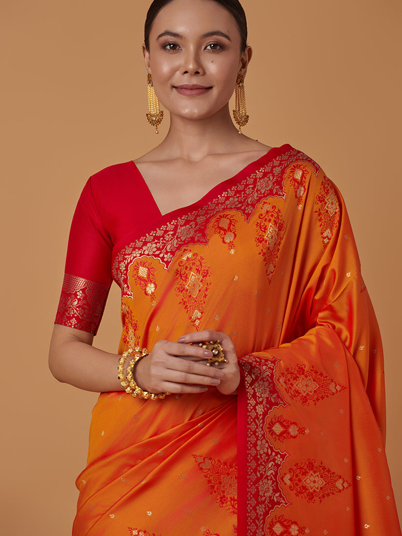 Amber Banarasi Silk Blend Saree with Rich Zari Woven Brocade