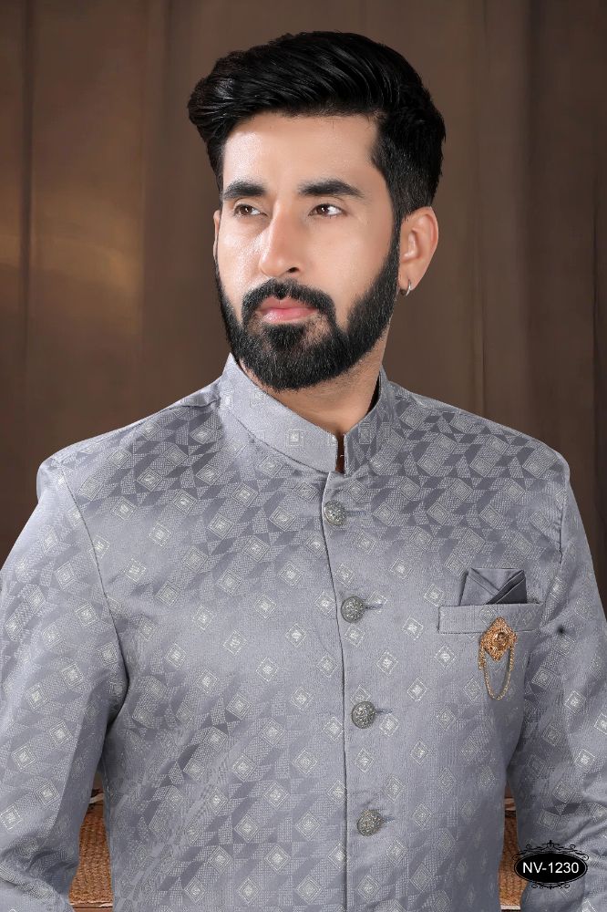 Boys Grey Woven Jacquard Kurta with White Pyjama Set