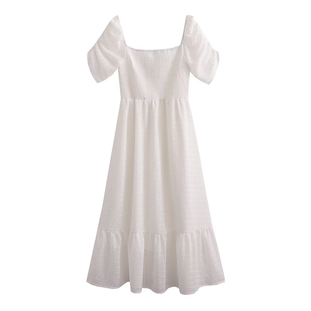 Women Clothing French Solid Color Chiffon Texture Backless Short Sleeve Loose Dress