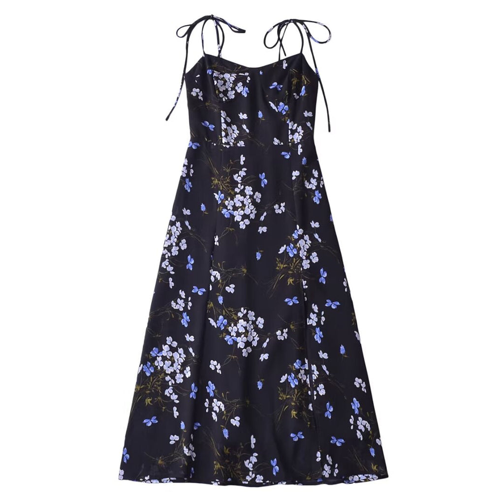 Spring Women Floral Print Vacation Sexy Slit Tied Spaghetti Strap Dress
