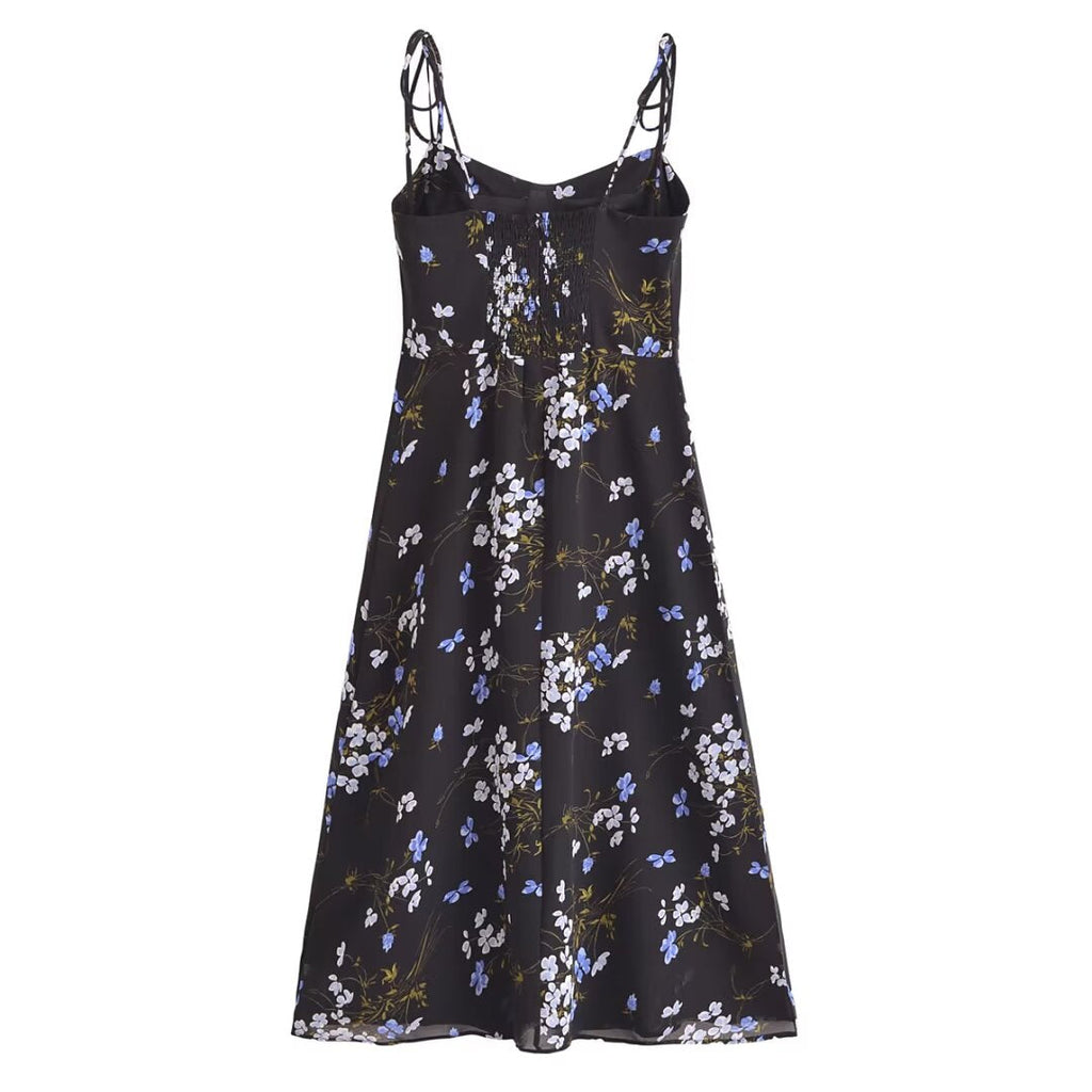 Spring Women Floral Print Vacation Sexy Slit Tied Spaghetti Strap Dress