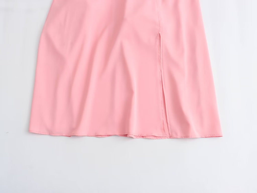 Spring Women Clothing Simple Square Collar Back Elastic Pink Dress