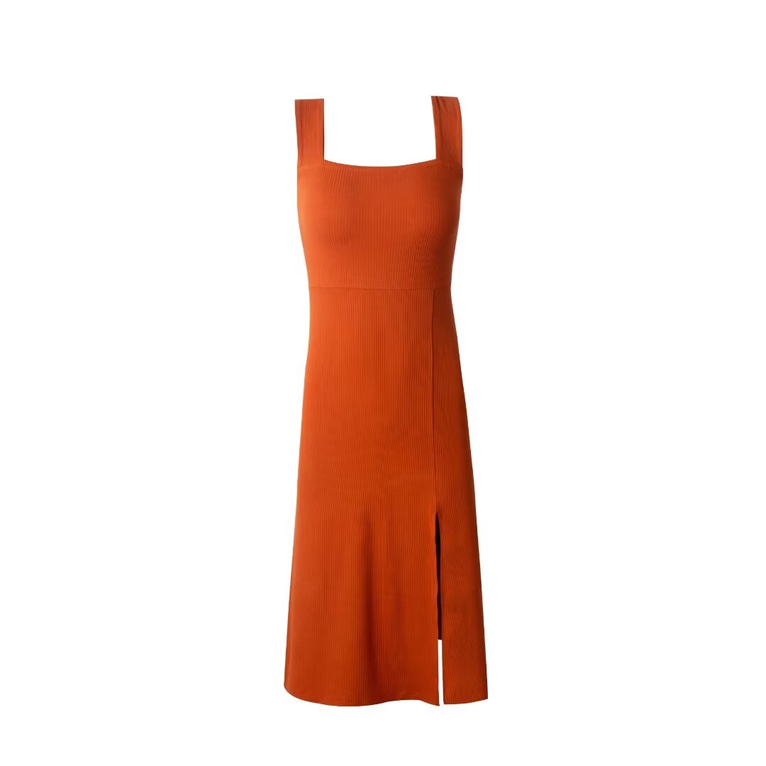 Spring Summer Square Collar Suspender Dress Women Side Slit Sexy Stretch Slim Fit Underwear Mid Length Dress