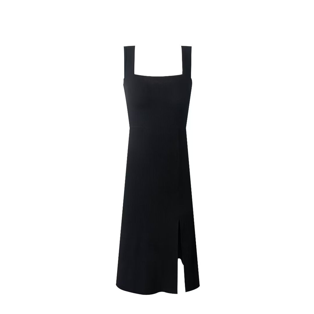 Spring Summer Square Collar Suspender Dress Women Side Slit Sexy Stretch Slim Fit Underwear Mid Length Dress