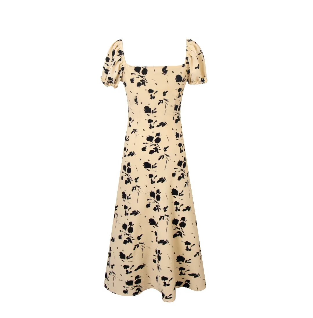 French Vintage Floral Square Collar Puff Sleeve Dress Women Summer Waist Controlled Slimming Dress