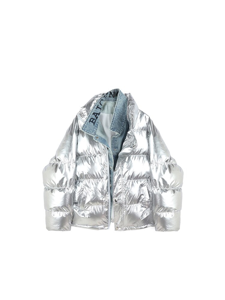 Women's Harajuku Style Denim Stitching Loose Fit Down Jacket - Image 11