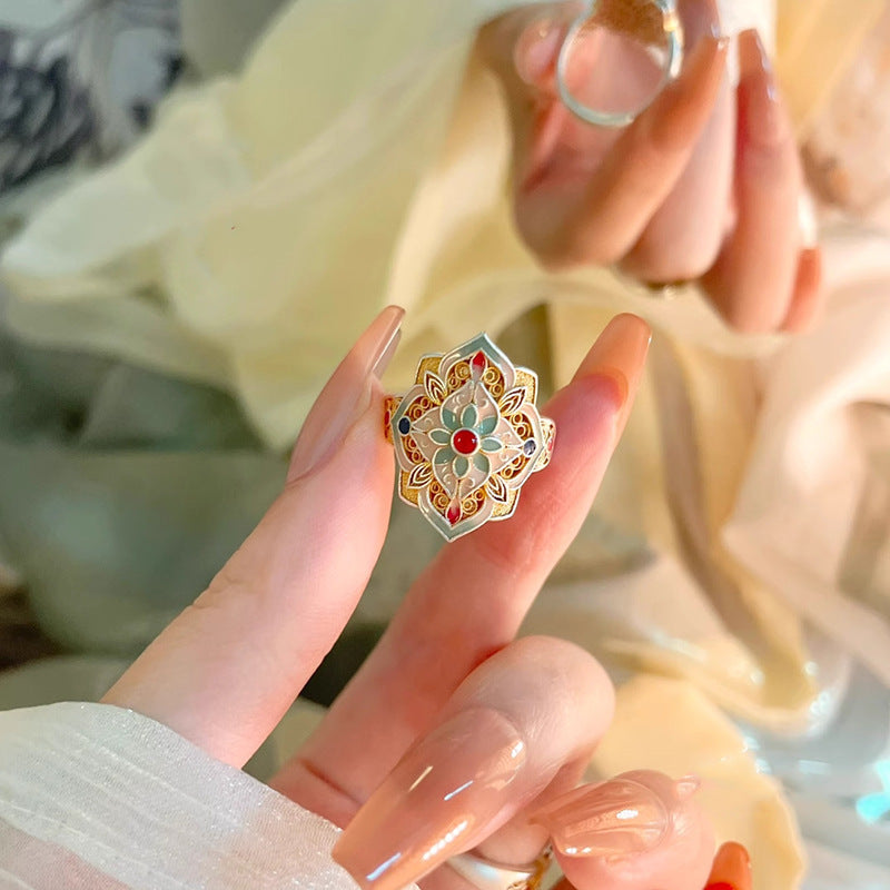 Misty Rain Gold-Embellished Enamel Peony Chinese-Style Hollow Open Ring