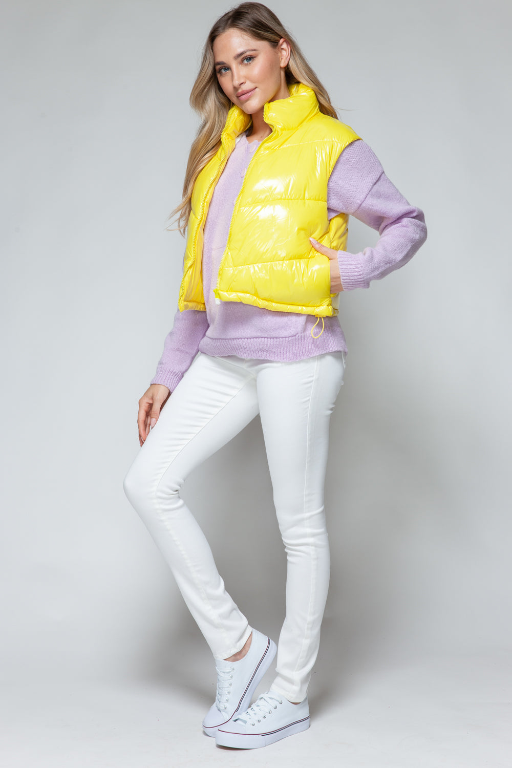 Women's Shiny Yellow Quilted Zip-Up Turtleneck Vest - Image 7