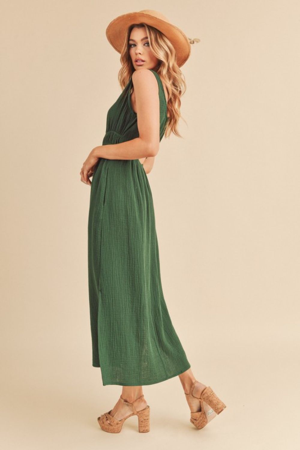 Forest Green Side Slit Round Neck Midi Dress