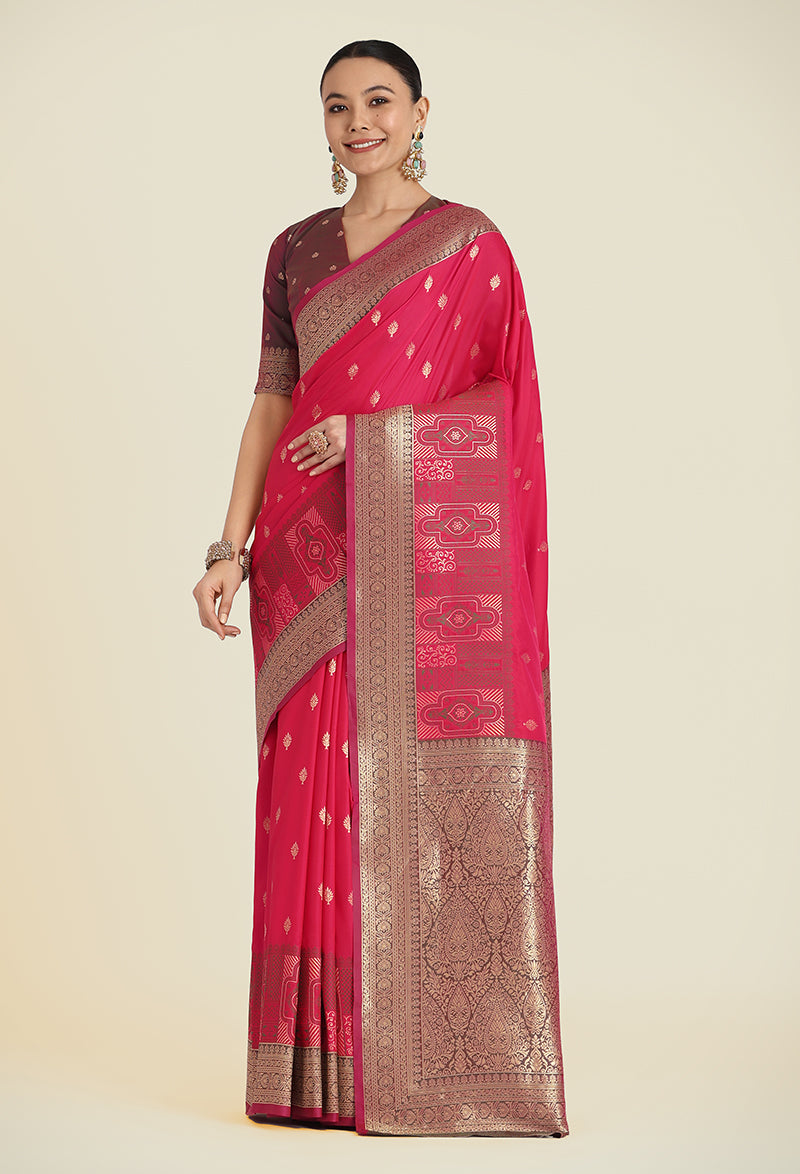 Pink Banarasi Soft Silk Saree with trendy Zari woven patterns