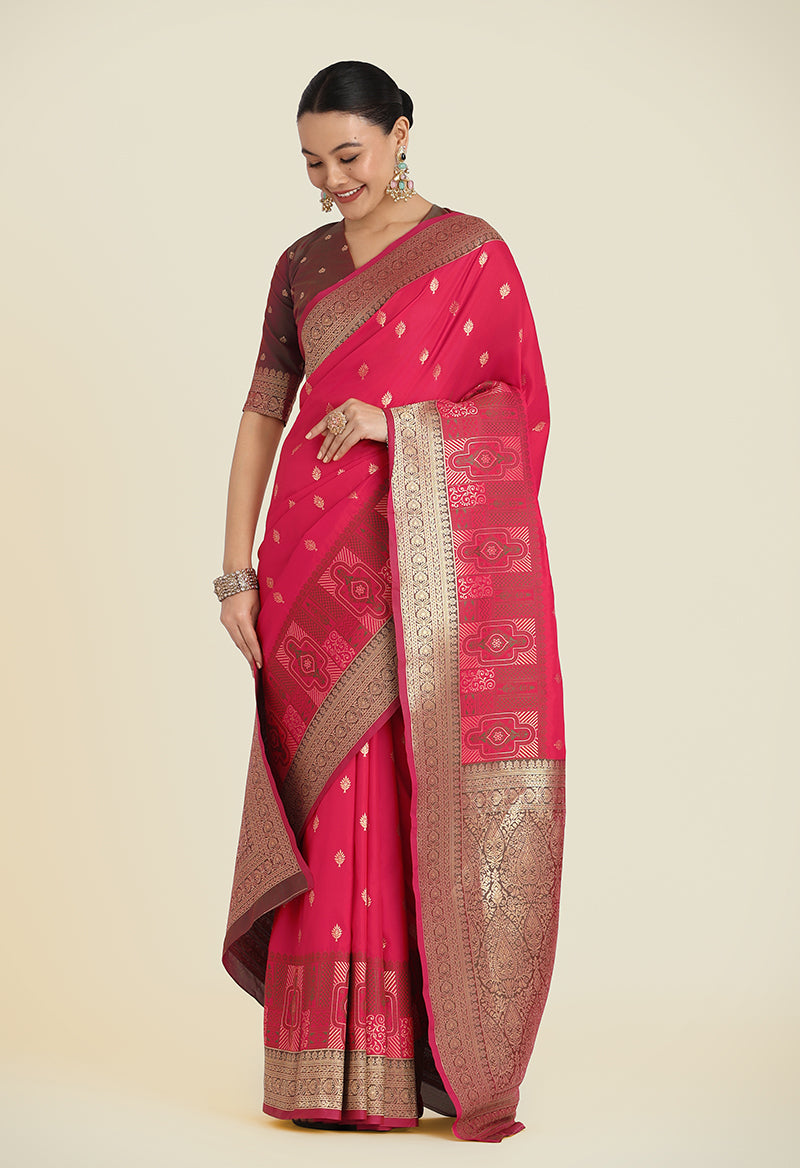 Pink Banarasi Soft Silk Trendy Saree with Zari Weaving