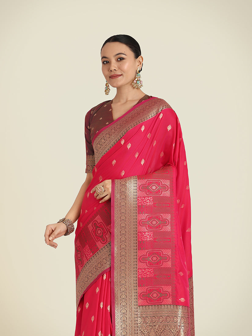 Pink Banarasi Soft Silk Trendy Saree with Zari Weaving