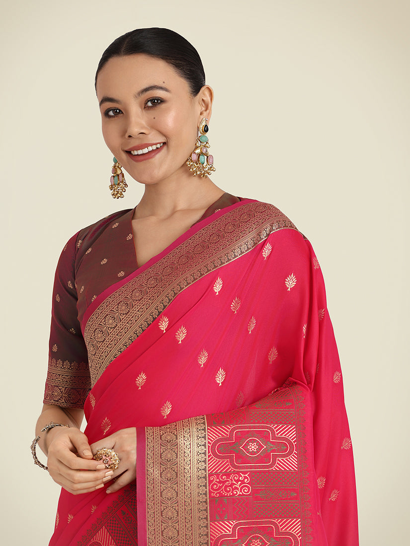 Pink Banarasi Soft Silk Trendy Saree with Zari Weaving