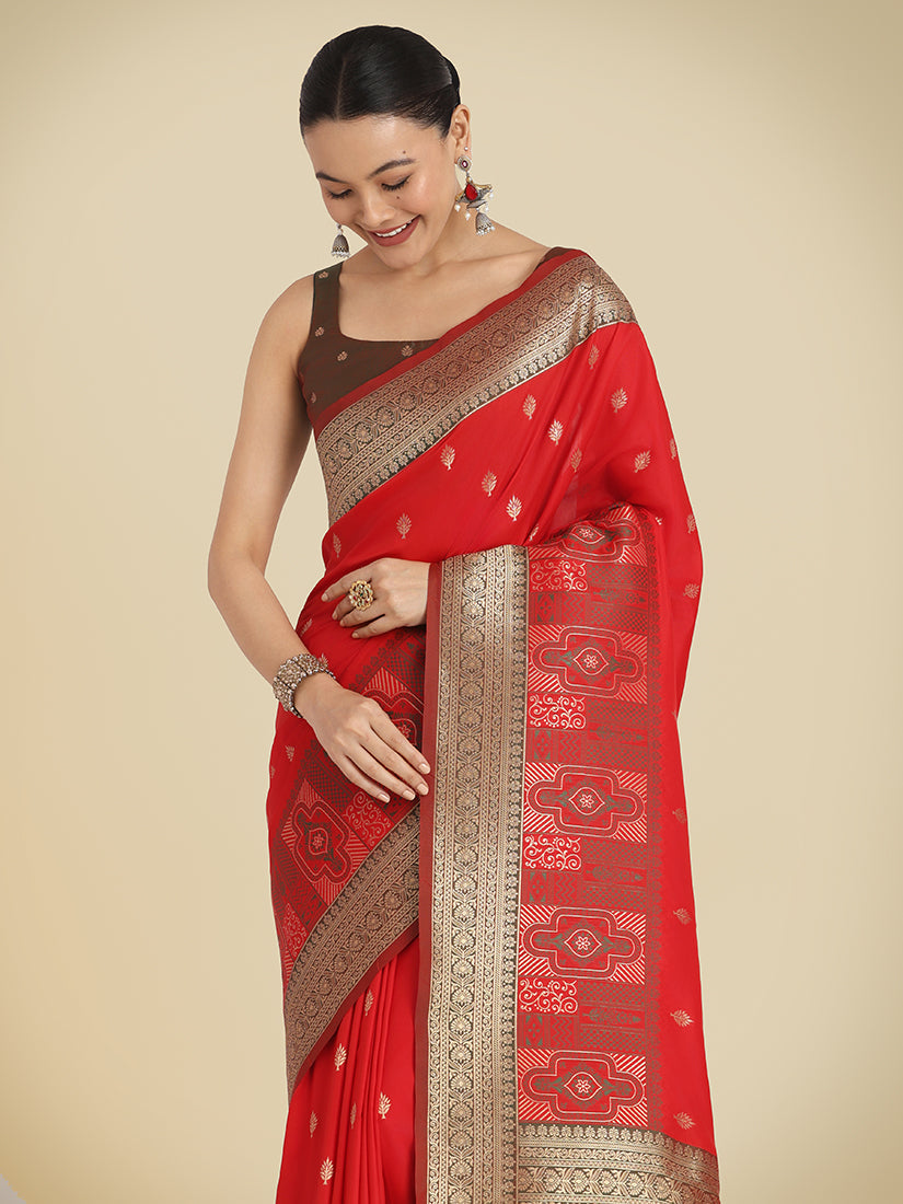 Red Banarasi Soft Silk Saree with Traditional Zari Weaving