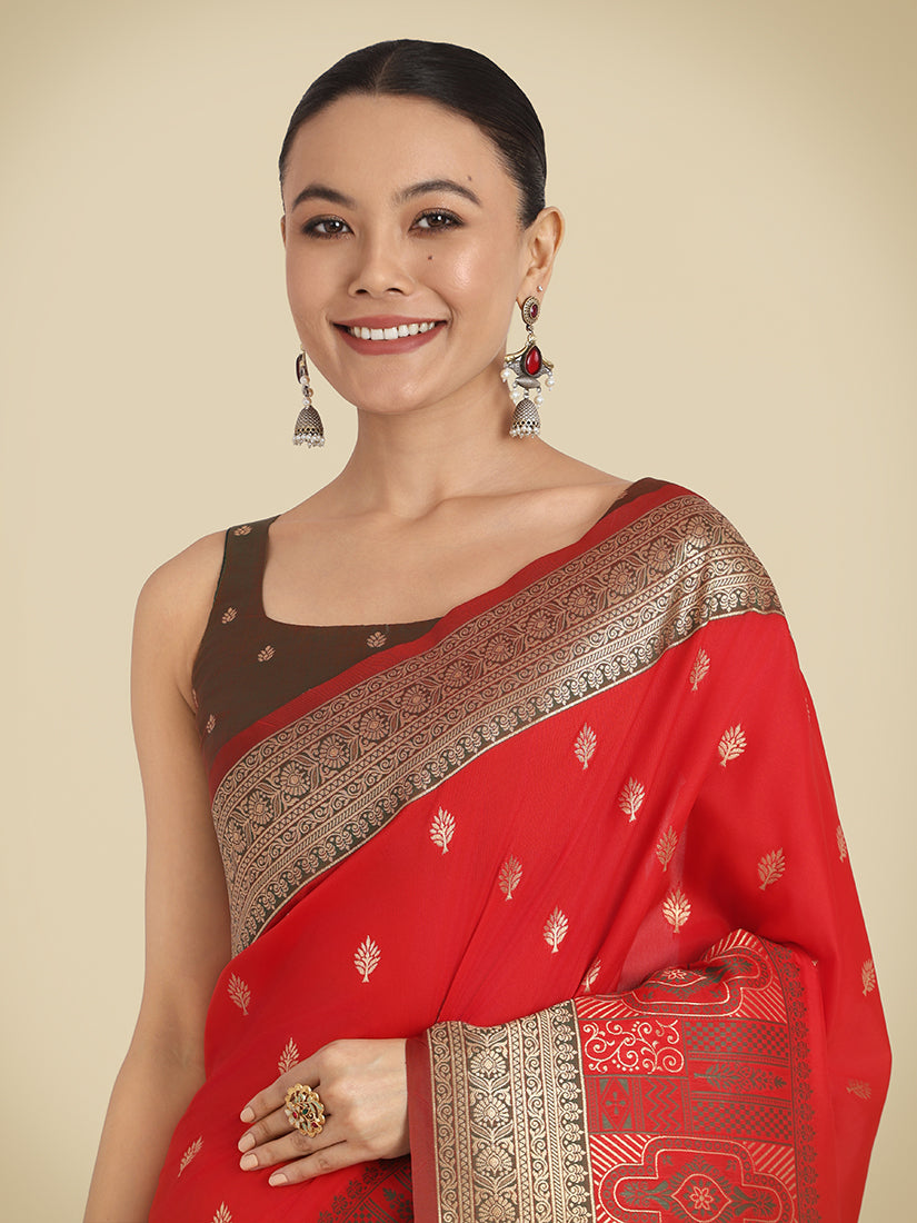 Red Banarasi Soft Silk Saree with Traditional Zari Weaving