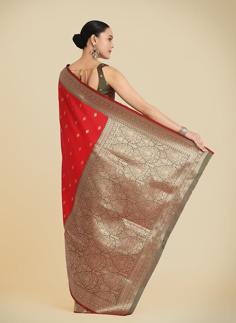 Red Banarasi Soft Silk Saree with Traditional Zari Weaving