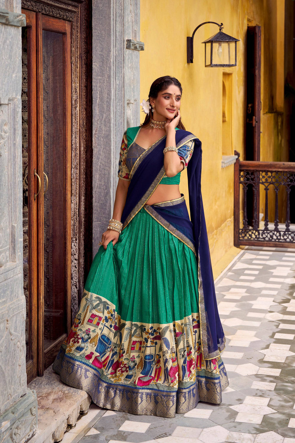 Multicolor Poly Chanderi Ethnic Kalamkari Lehenga Choli