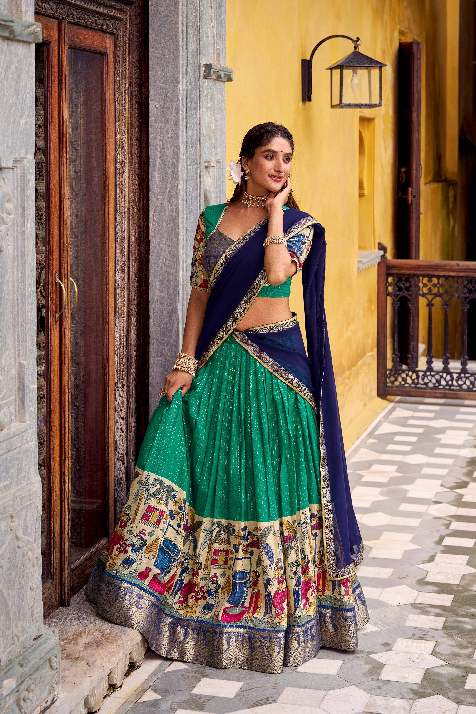 Multicolor Poly Chanderi Ethnic Kalamkari Lehenga Choli