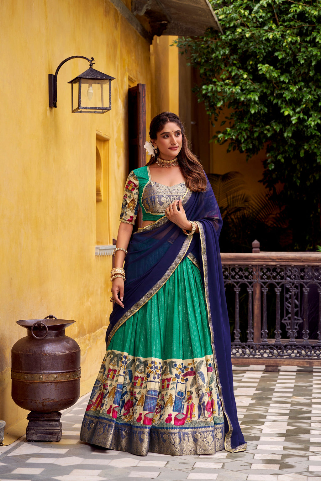 Multicolor Poly Chanderi Ethnic Kalamkari Lehenga Choli
