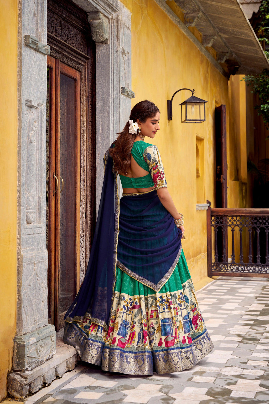 Multicolor Poly Chanderi Ethnic Kalamkari Lehenga Choli