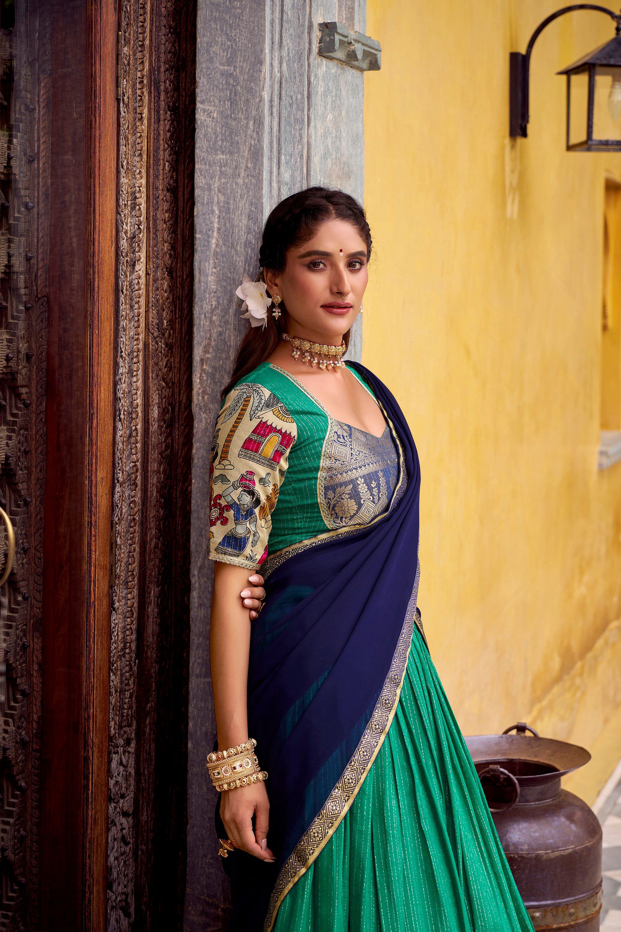 Multicolor Poly Chanderi Ethnic Kalamkari Lehenga Choli