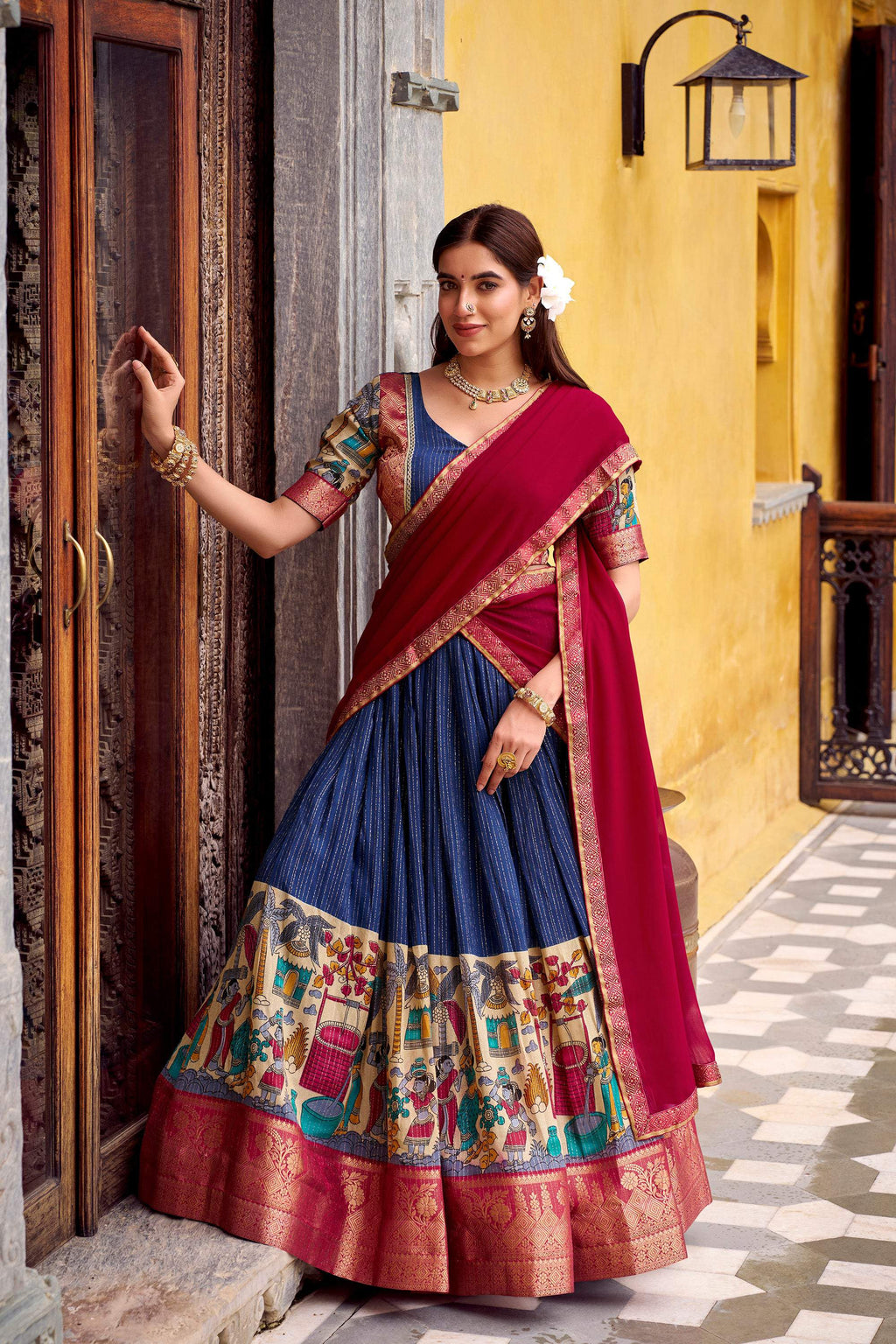 Multicolor Poly Chanderi Kalamkari printed lehenga choli with zari weaving work and drawstring closure