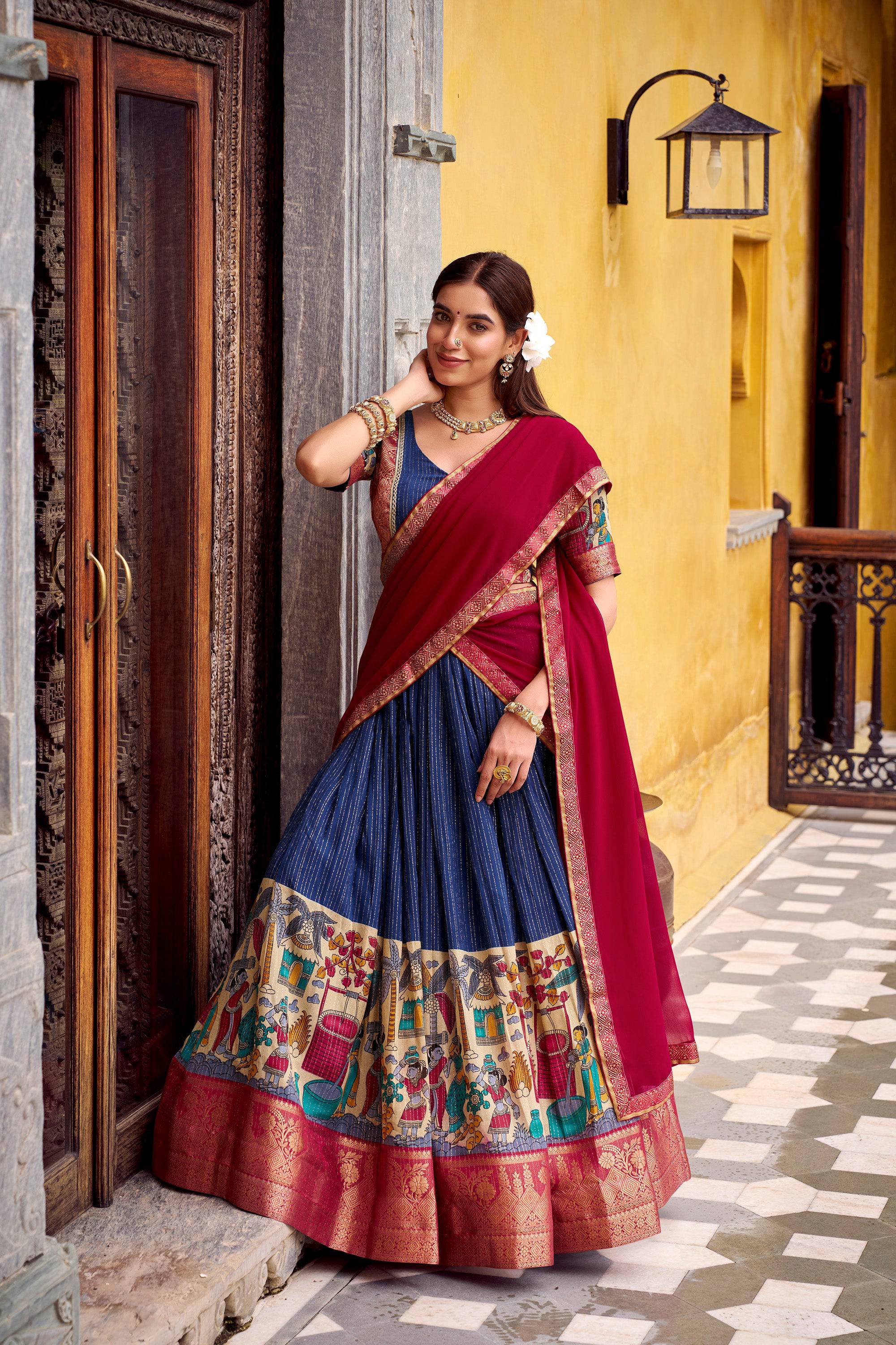 Multicolor Poly Chanderi Kalamkari Printed Lehenga Choli with Zari