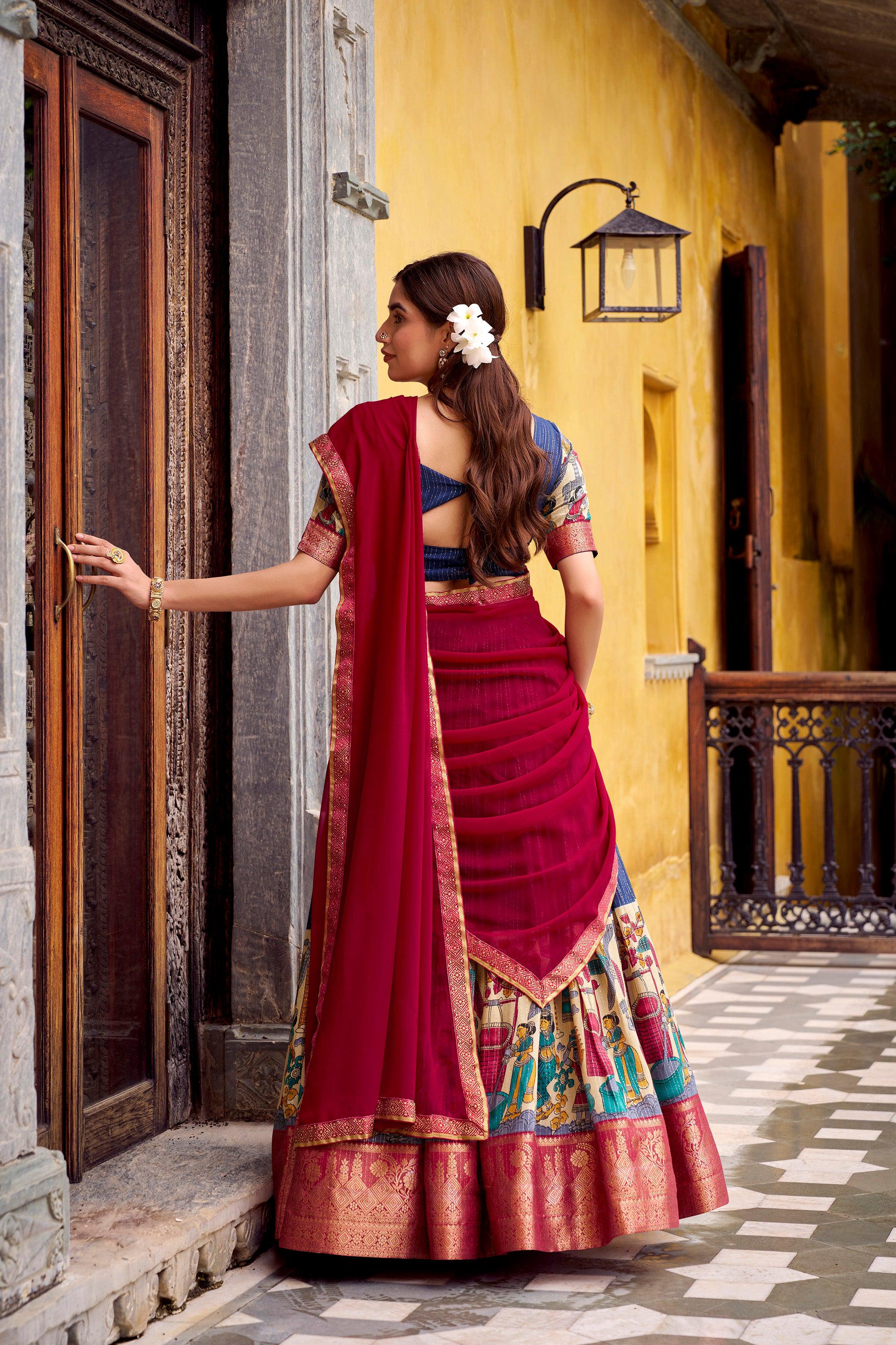 Multicolor Poly Chanderi Kalamkari Printed Lehenga Choli with Zari
