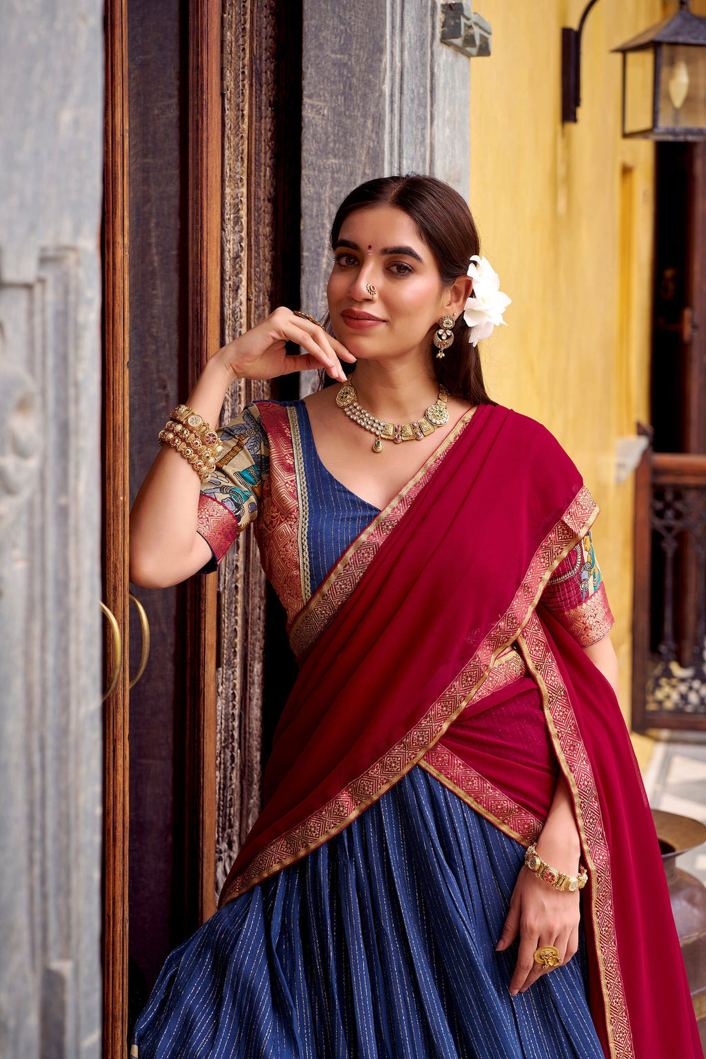 Multicolor Poly Chanderi Kalamkari Printed Lehenga Choli with Zari