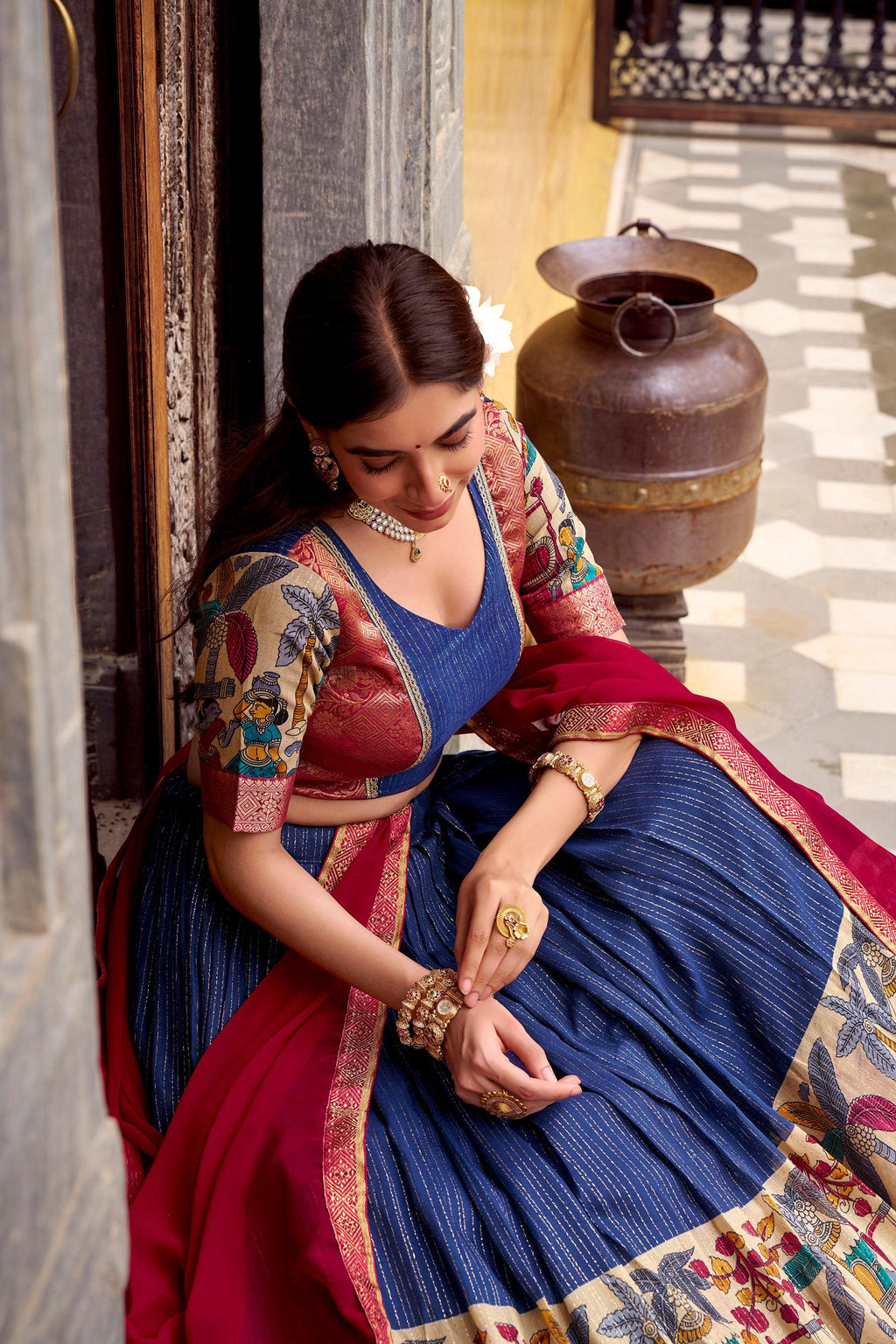 Multicolor Poly Chanderi Kalamkari Printed Lehenga Choli with Zari
