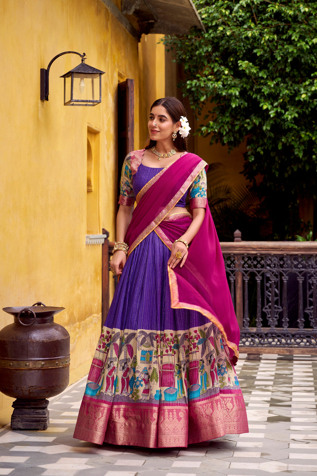 Purple & Gold Poly Chanderi Kalamkari Stitched Lehenga Choli