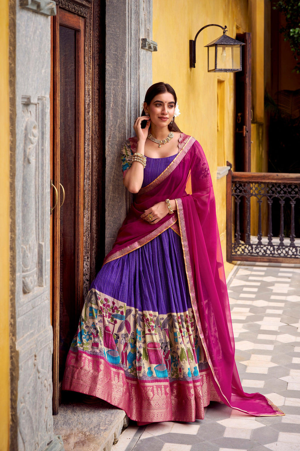 Purple & Gold Poly Chanderi Kalamkari Stitched Lehenga Choli