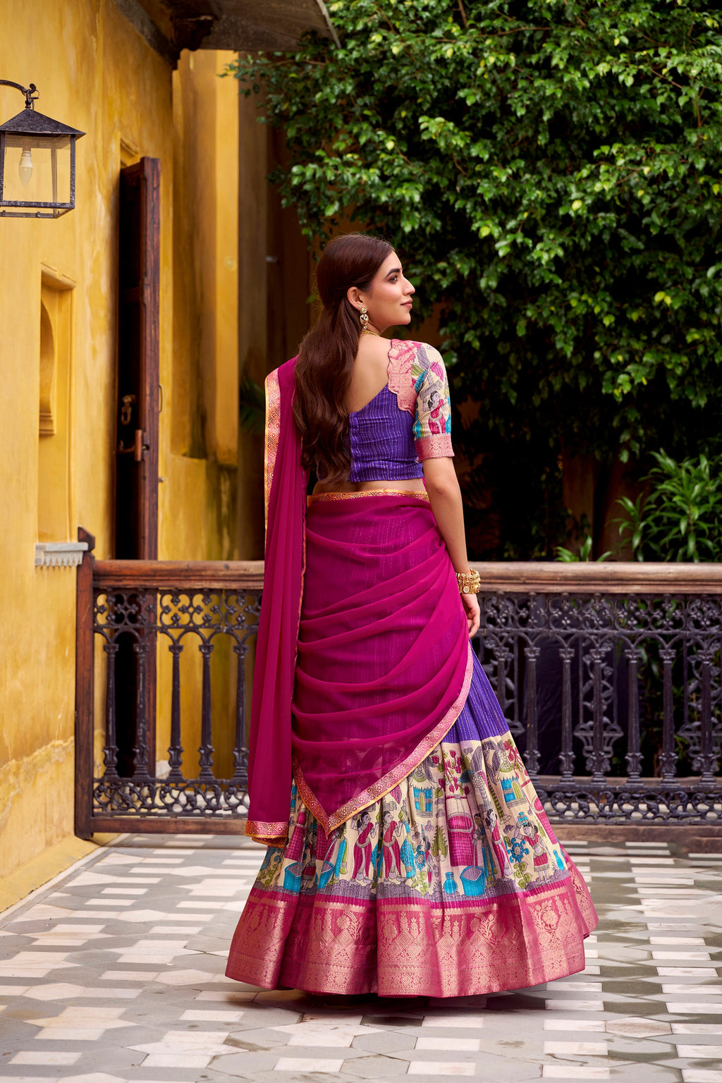 Purple & Gold Poly Chanderi Kalamkari Stitched Lehenga Choli